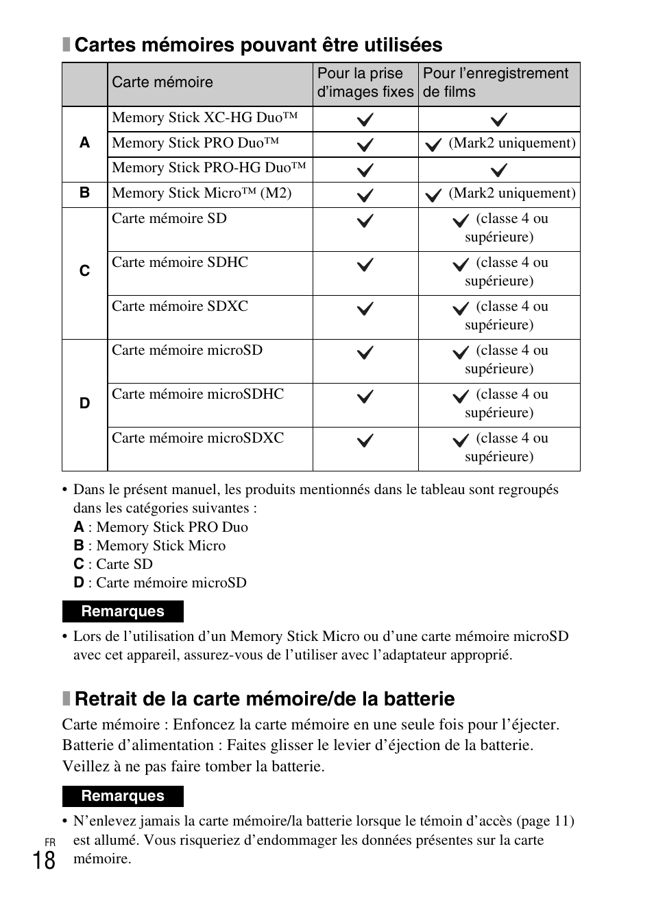 Xcartes mémoires pouvant être utilisées, Xretrait de la carte mémoire/de la batterie | Sony DSC-HX60V User Manual | Page 52 / 507