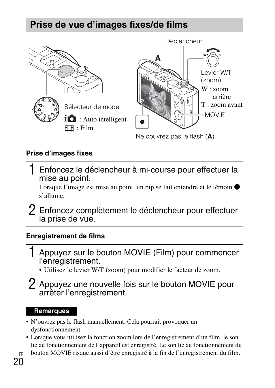 Prise de vue d’images fixes/de films | Sony DSC-HX60V User Manual | Page 54 / 507