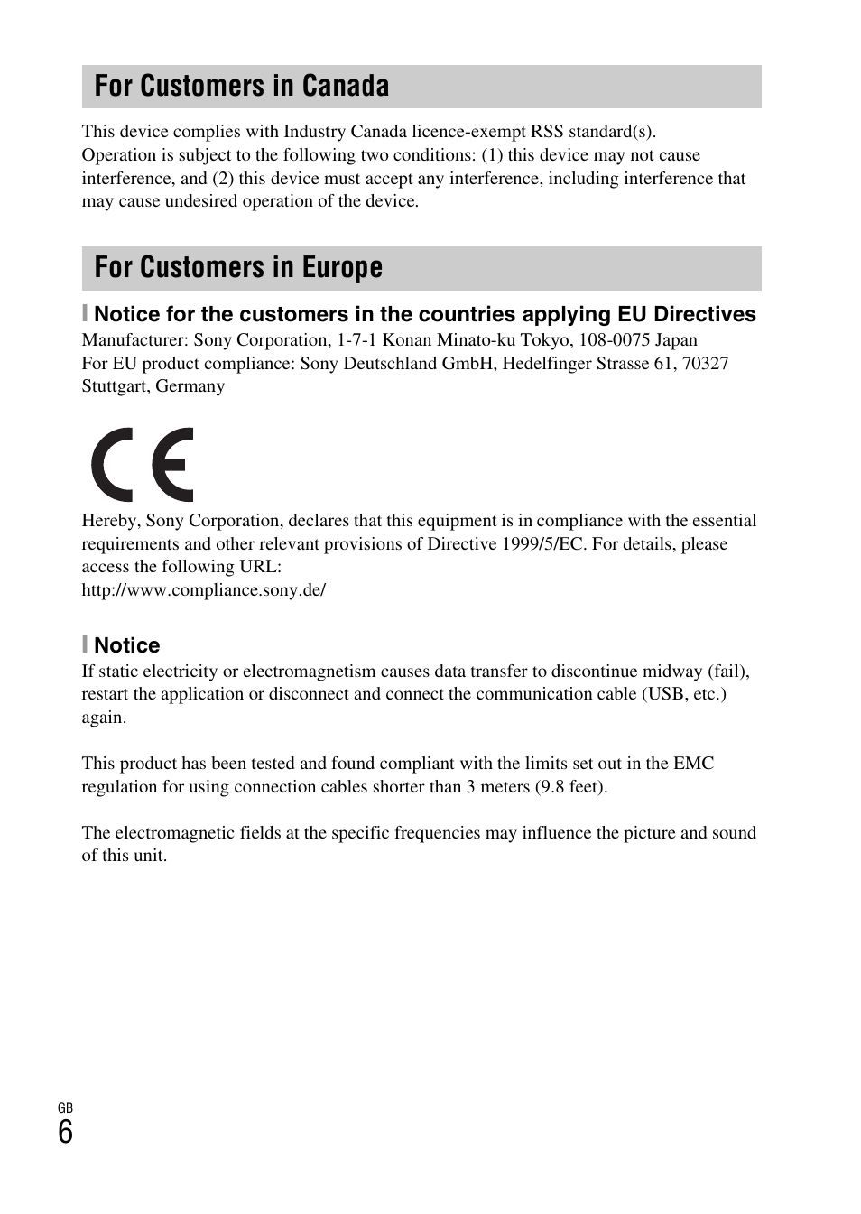 For customers in canada for customers in europe | Sony DSC-HX60V User Manual | Page 6 / 507