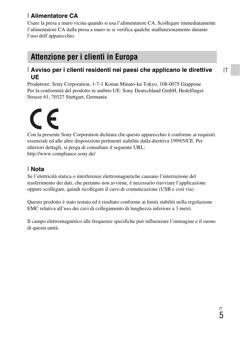 Attenzione per i clienti in europa | Sony DSC-HX60V User Manual | Page 77 / 507