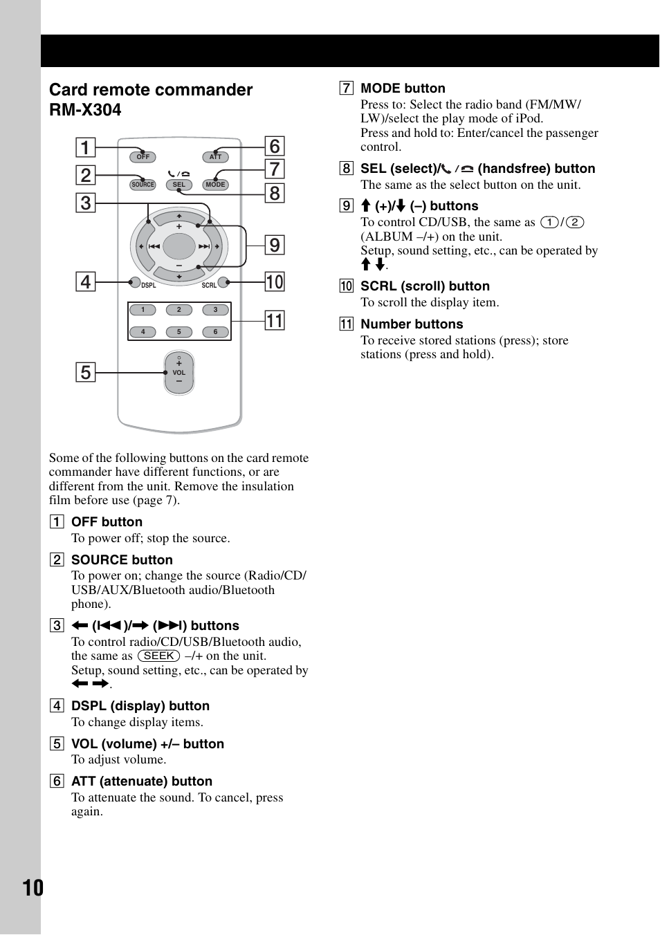 Card remote commander rm-x304 | Sony MEX-BT4700U User Manual | Page 10 / 172