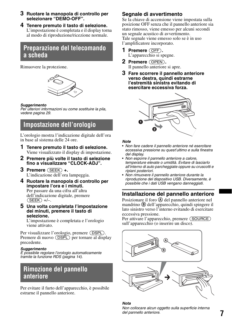 Preparazione del telecomando a scheda, Impostazione dell’orologio, Rimozione del pannello anteriore | Installazione del pannello anteriore | Sony MEX-BT4700U User Manual | Page 107 / 172