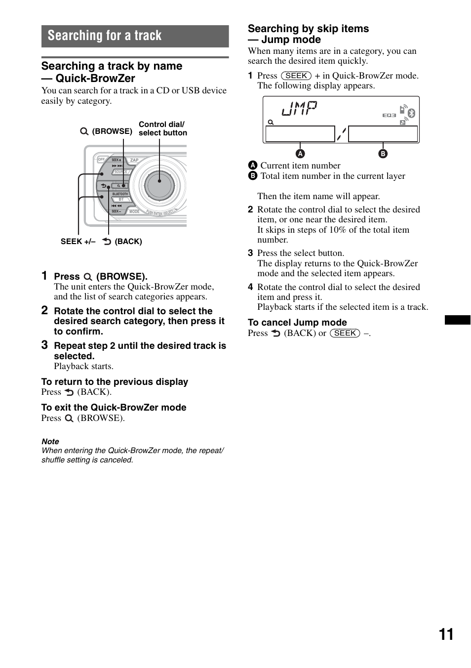 Searching for a track, Searching a track by name - quick-browzer, Searching a track by name — quick-browzer | Searching by skip items — jump mode | Sony MEX-BT4700U User Manual | Page 11 / 172