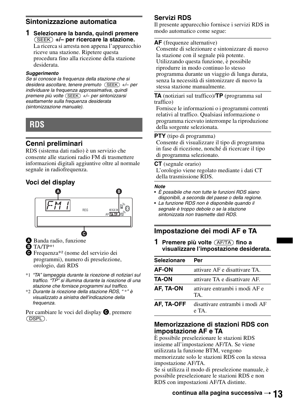 Sintonizzazione automatica, Cenni preliminari, Impostazione dei modi af e ta | Cenni preliminari impostazione dei modi af e ta | Sony MEX-BT4700U User Manual | Page 113 / 172