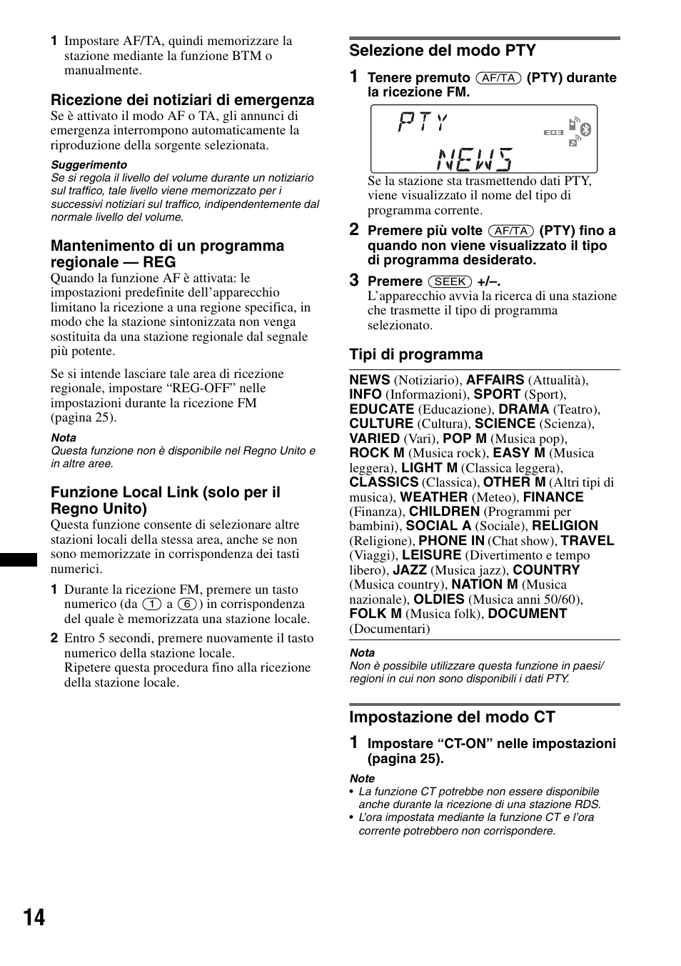 Selezione del modo pty, Impostazione del modo ct, Selezione del modo pty impostazione del modo ct | Sony MEX-BT4700U User Manual | Page 114 / 172