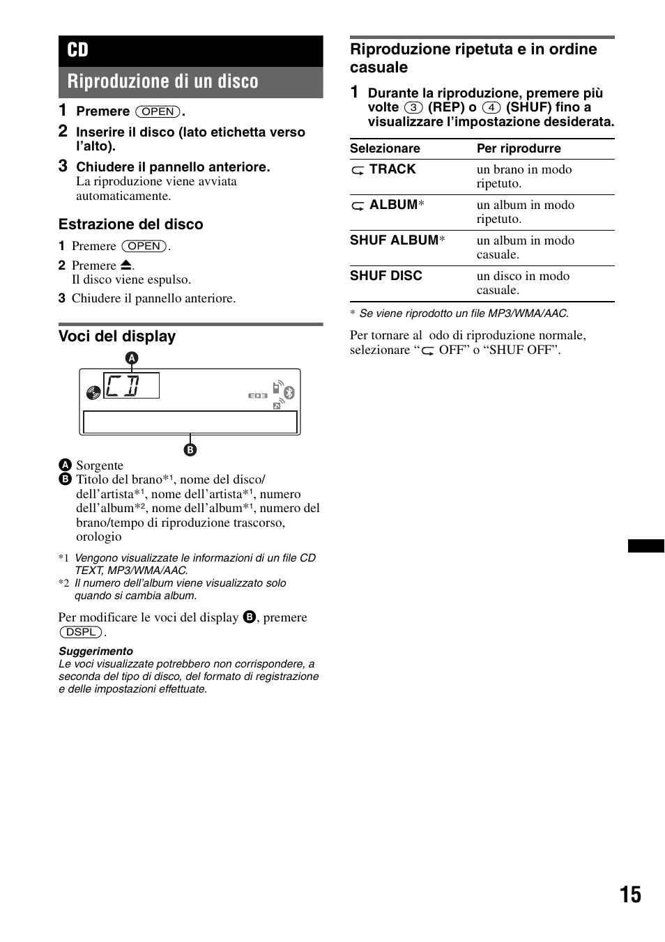 Riproduzione di un disco, Voci del display, Riproduzione ripetuta e in ordine casuale | Cd riproduzione di un disco | Sony MEX-BT4700U User Manual | Page 115 / 172