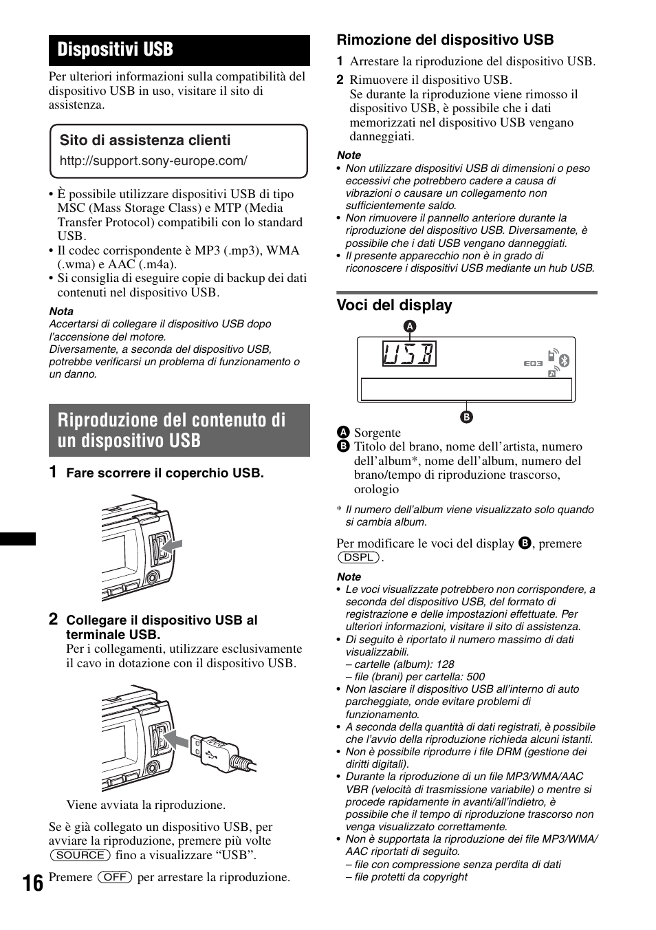 Dispositivi usb, Riproduzione del contenuto di un dispositivo usb, Voci del display | Sony MEX-BT4700U User Manual | Page 116 / 172