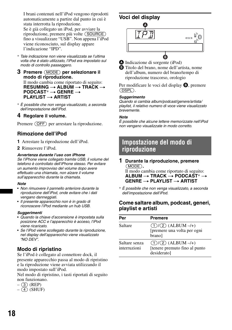 Voci del display, Impostazione del modo di riproduzione | Sony MEX-BT4700U User Manual | Page 118 / 172