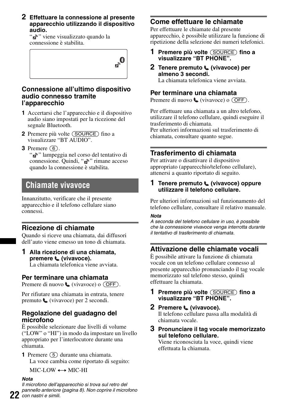 Chiamate vivavoce, Ricezione di chiamate, Come effettuare le chiamate | Trasferimento di chiamata, Attivazione delle chiamate vocali | Sony MEX-BT4700U User Manual | Page 122 / 172