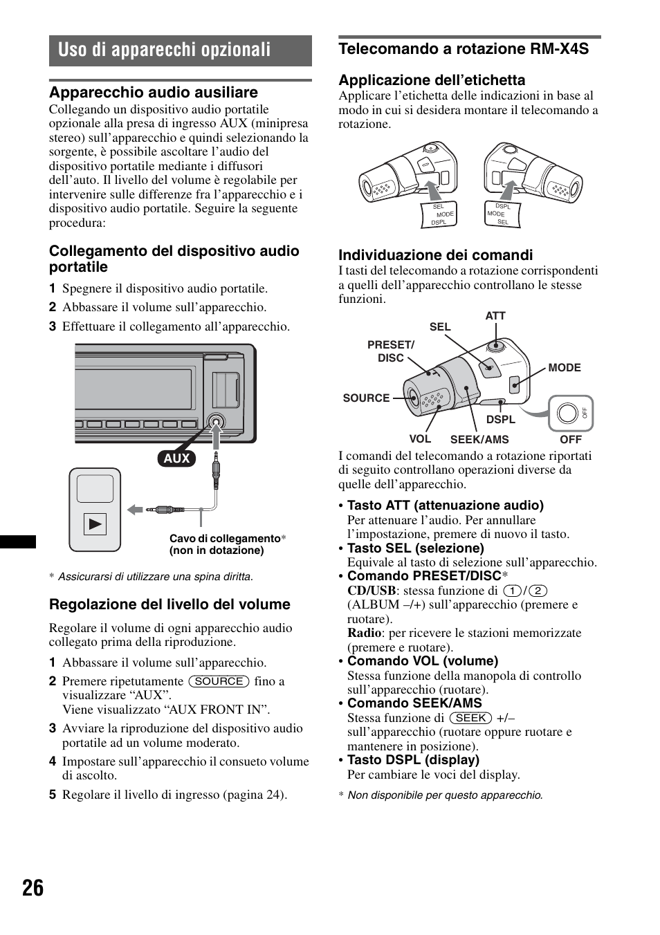 Uso di apparecchi opzionali, Apparecchio audio ausiliare, Telecomando a rotazione rm-x4s | Collegamento del dispositivo audio portatile, Regolazione del livello del volume, Applicazione dell’etichetta, Individuazione dei comandi | Sony MEX-BT4700U User Manual | Page 126 / 172