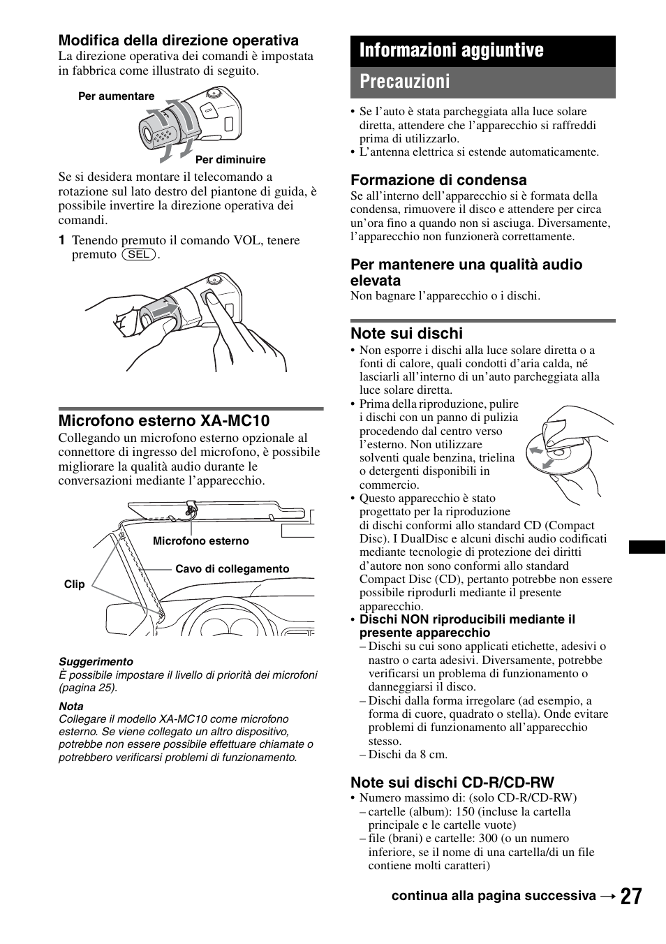 Microfono esterno xa-mc10, Informazioni aggiuntive, Precauzioni | Note sui dischi, Informazioni aggiuntive precauzioni | Sony MEX-BT4700U User Manual | Page 127 / 172