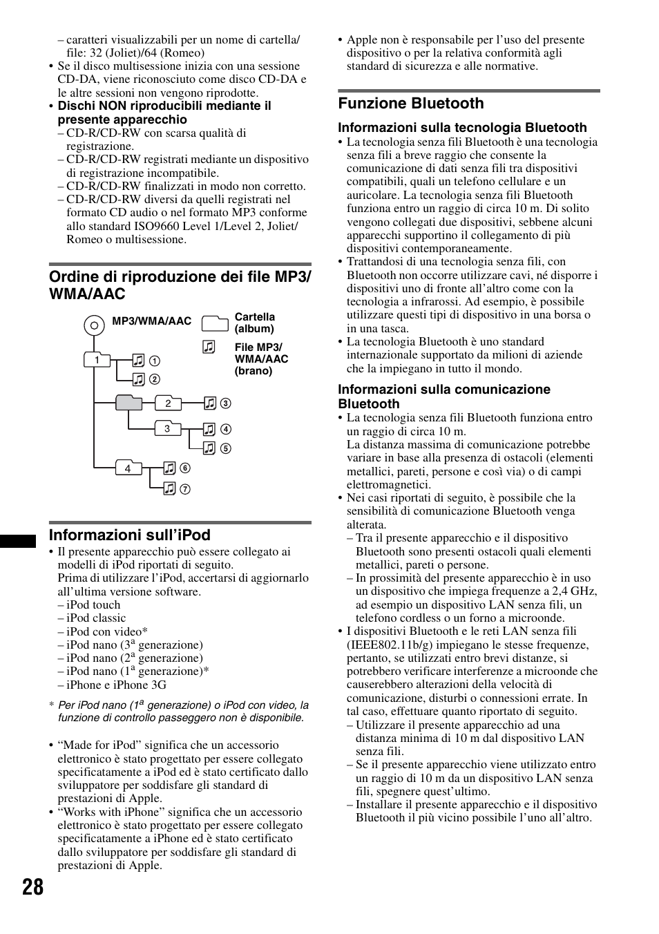 Ordine di riproduzione dei file mp3/ wma/aac, Informazioni sull’ipod, Funzione bluetooth | Sony MEX-BT4700U User Manual | Page 128 / 172