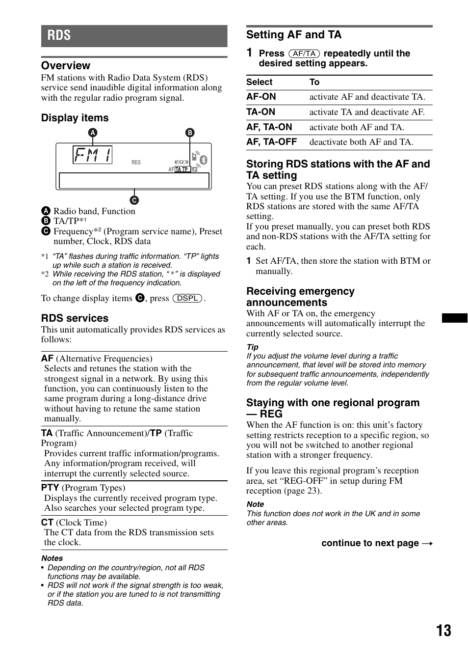 Overview, Setting af and ta, Overview setting af and ta | Sony MEX-BT4700U User Manual | Page 13 / 172