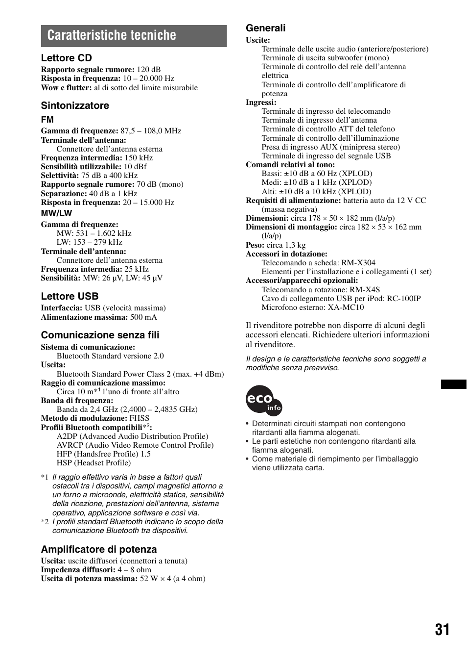 Caratteristiche tecniche, Lettore cd, Sintonizzatore | Lettore usb, Comunicazione senza fili, Amplificatore di potenza, Generali | Sony MEX-BT4700U User Manual | Page 131 / 172