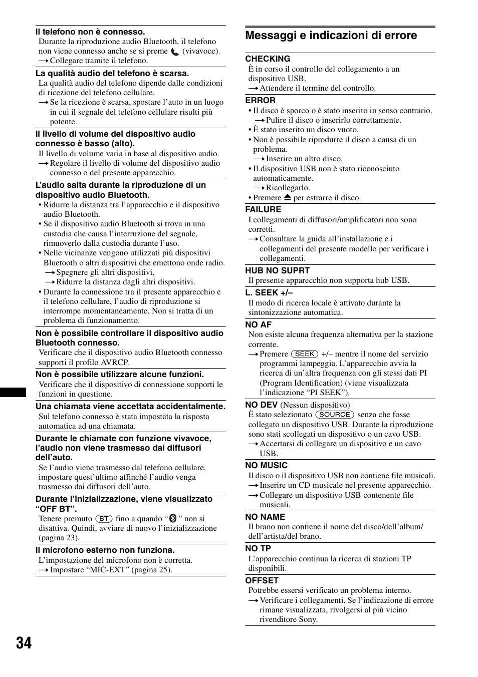 Messaggi e indicazioni di errore | Sony MEX-BT4700U User Manual | Page 134 / 172