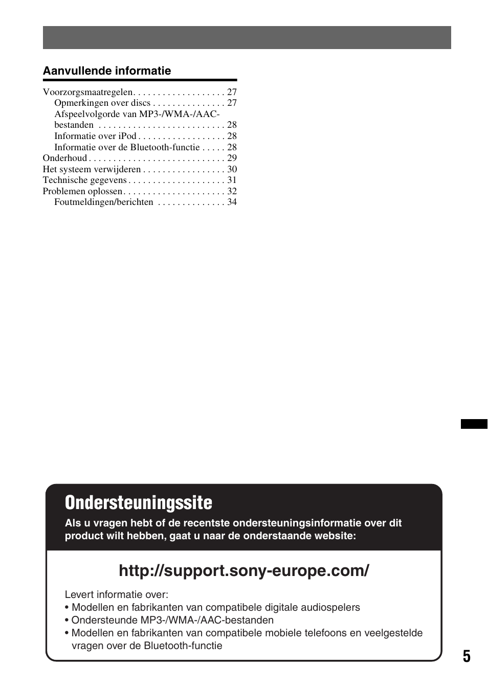 Ondersteuningssite | Sony MEX-BT4700U User Manual | Page 139 / 172