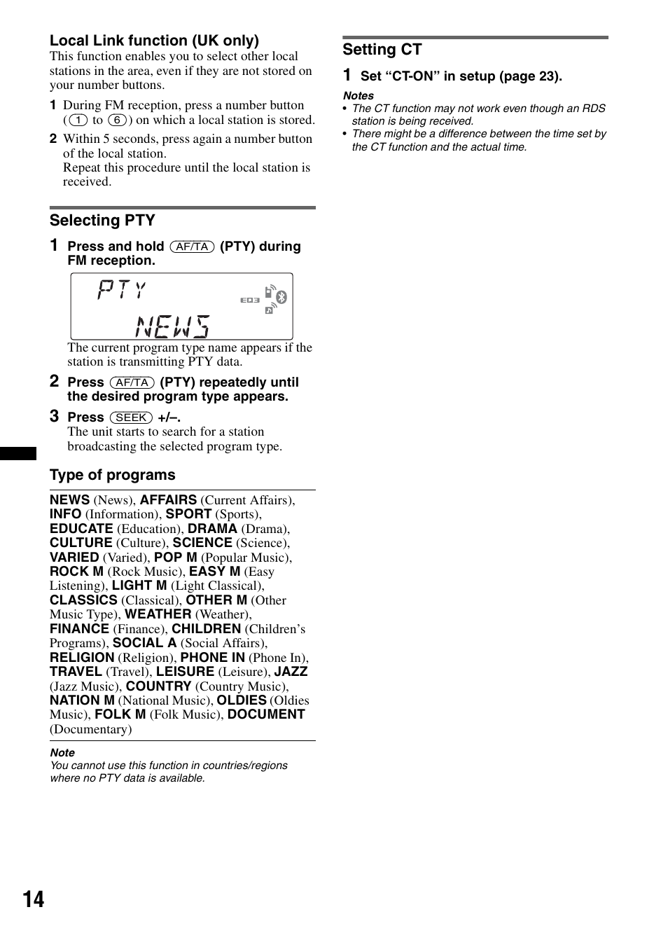 Selecting pty, Setting ct, Selecting pty setting ct | Sony MEX-BT4700U User Manual | Page 14 / 172