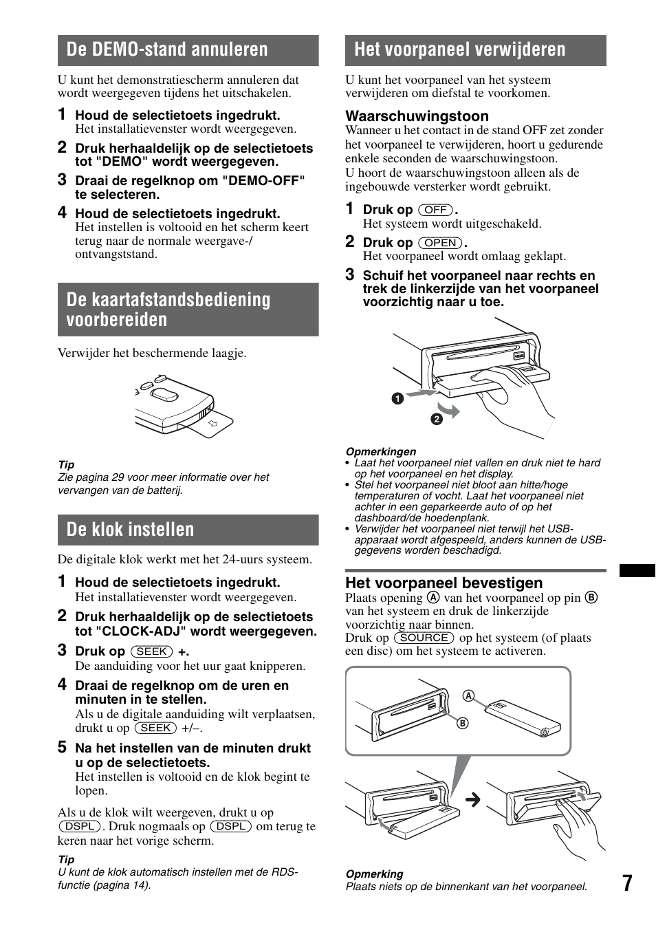 De demo-stand annuleren, De kaartafstandsbediening voorbereiden, De klok instellen | Het voorpaneel verwijderen, Het voorpaneel bevestigen | Sony MEX-BT4700U User Manual | Page 141 / 172