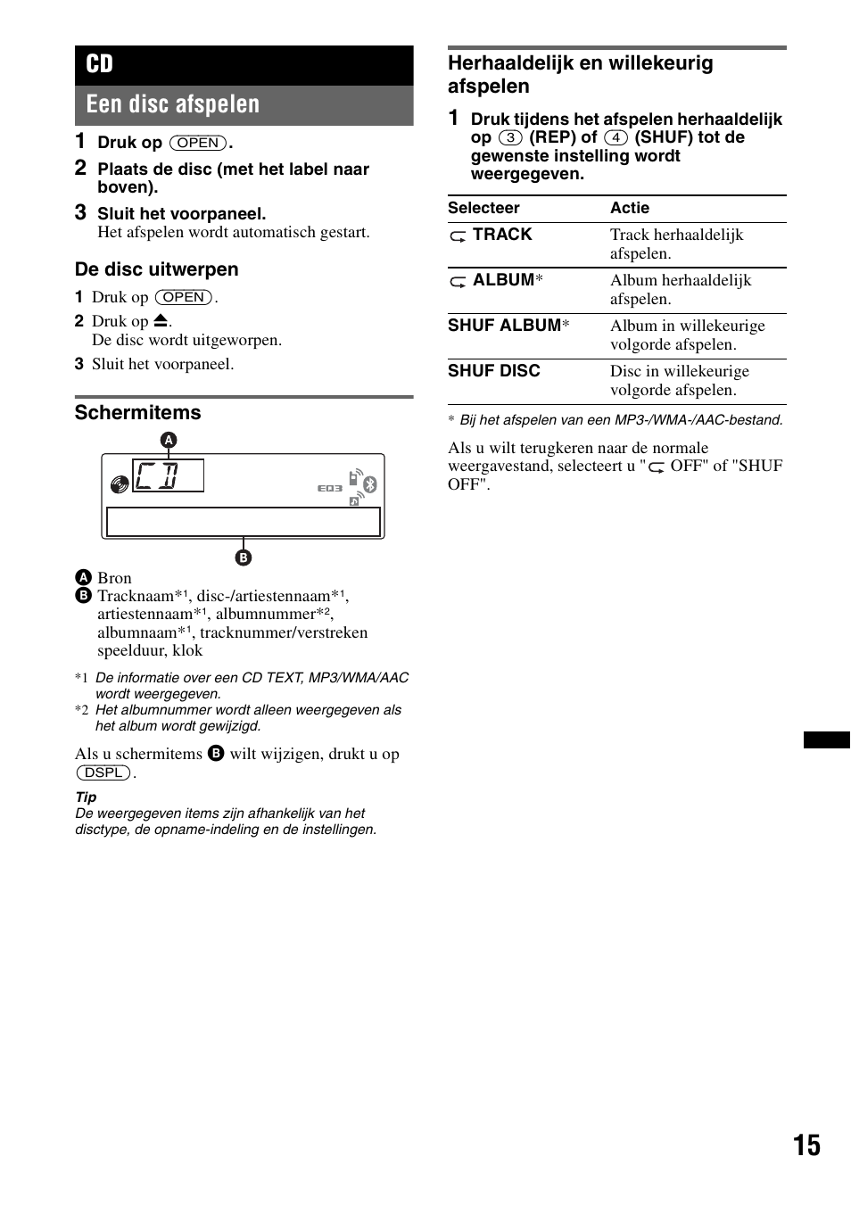 Een disc afspelen, Schermitems, Herhaaldelijk en willekeurig afspelen | Schermitems herhaaldelijk en willekeurig afspelen, Cd een disc afspelen | Sony MEX-BT4700U User Manual | Page 149 / 172