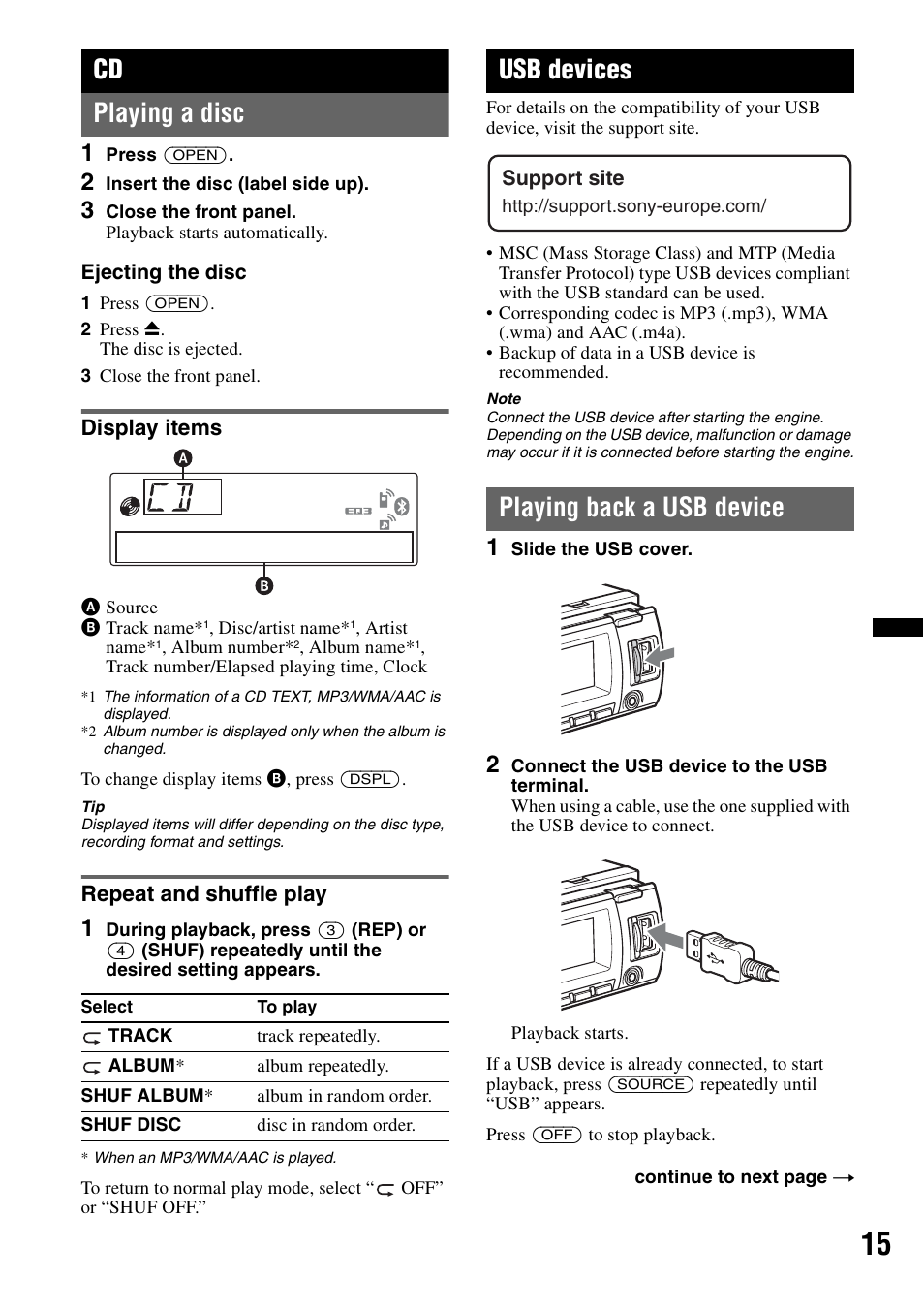 Playing a disc, Display items, Repeat and shuffle play | Usb devices, Playing back a usb device, Display items repeat and shuffle play, Cd playing a disc | Sony MEX-BT4700U User Manual | Page 15 / 172