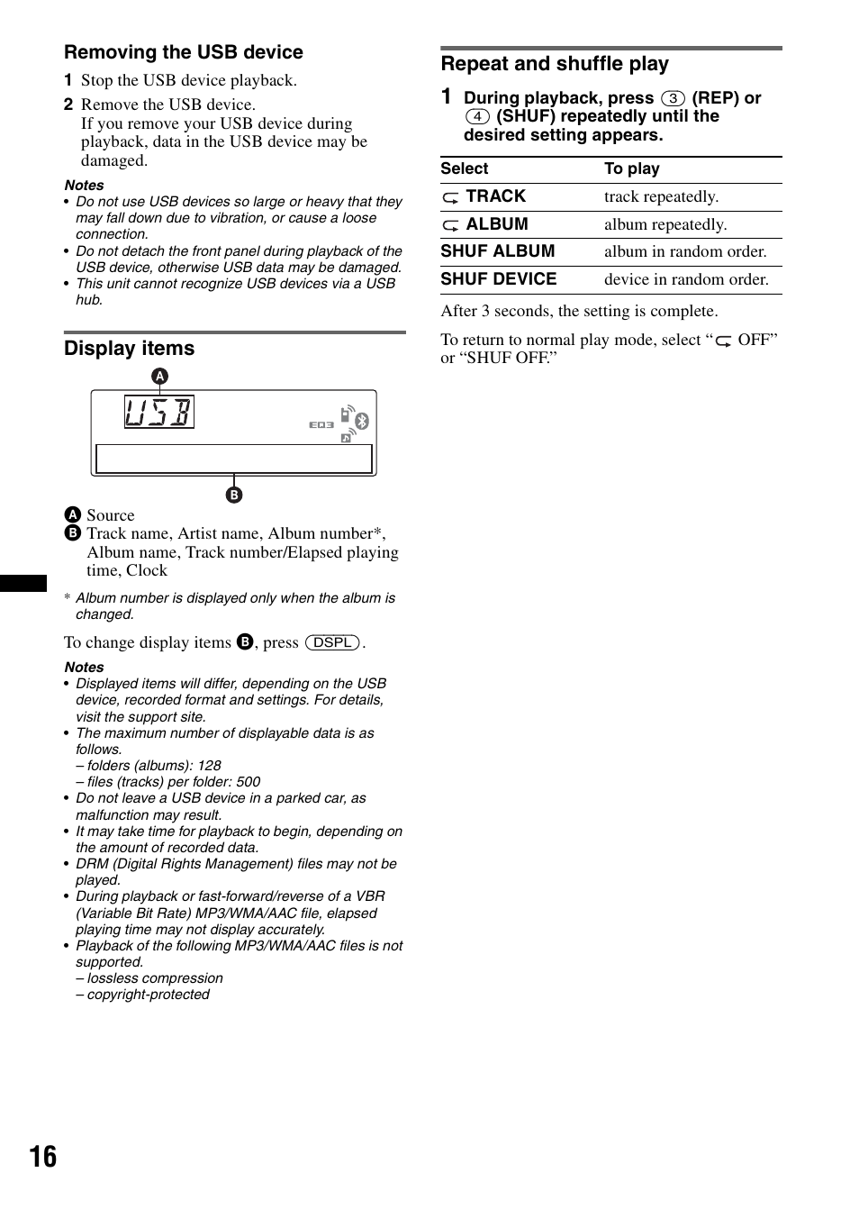 Display items, Repeat and shuffle play, Display items repeat and shuffle play | Sony MEX-BT4700U User Manual | Page 16 / 172