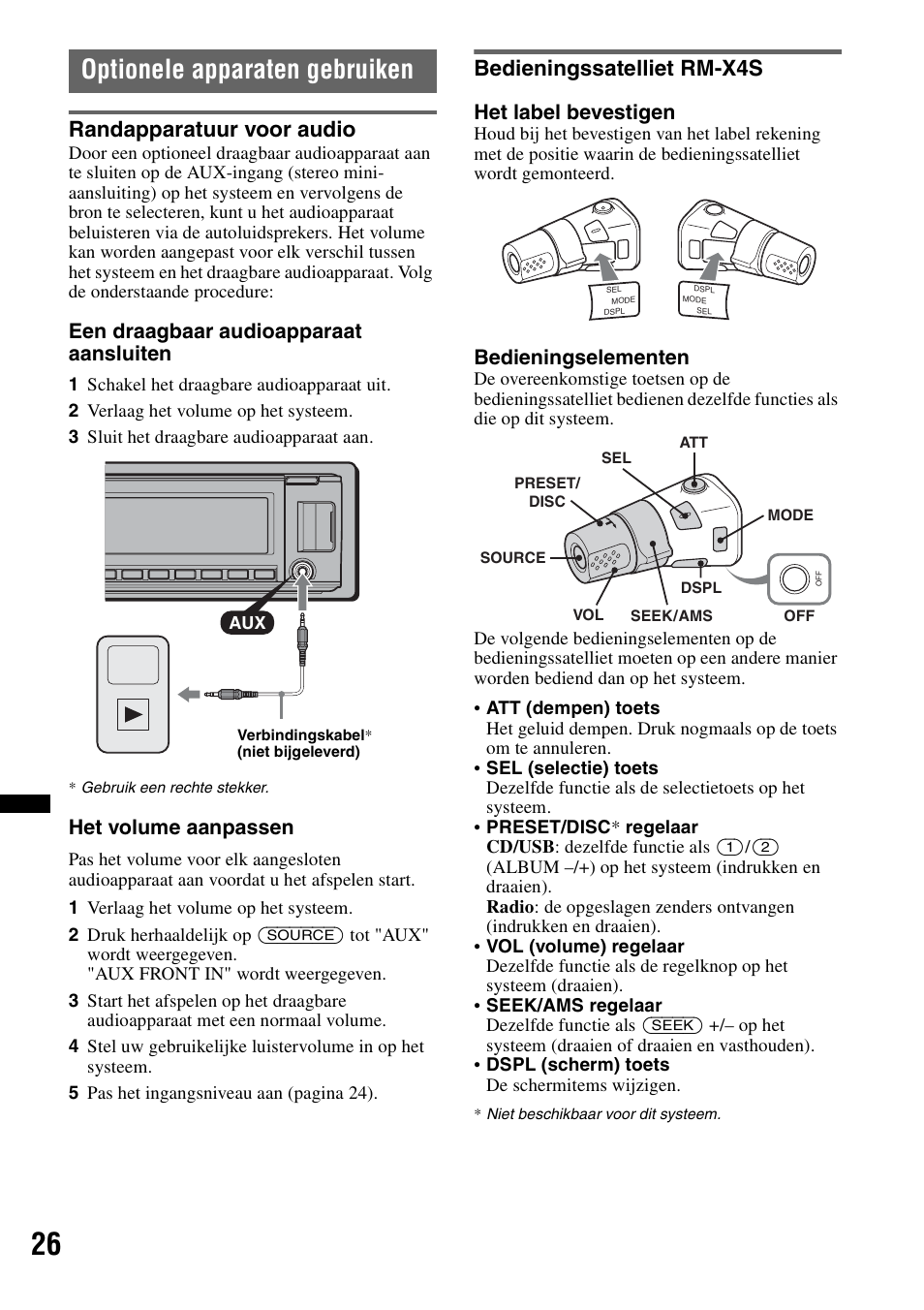 Optionele apparaten gebruiken, Randapparatuur voor audio, Bedieningssatelliet rm-x4s | Een draagbaar audioapparaat aansluiten, Het volume aanpassen, Het label bevestigen, Bedieningselementen | Sony MEX-BT4700U User Manual | Page 160 / 172