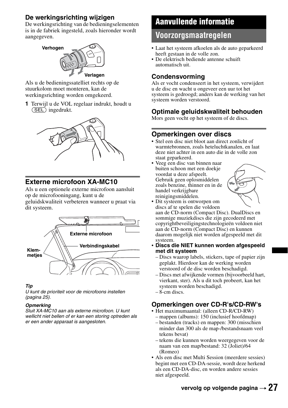 Externe microfoon xa-mc10, Aanvullende informatie, Voorzorgsmaatregelen | Opmerkingen over discs, Aanvullende informatie voorzorgsmaatregelen | Sony MEX-BT4700U User Manual | Page 161 / 172