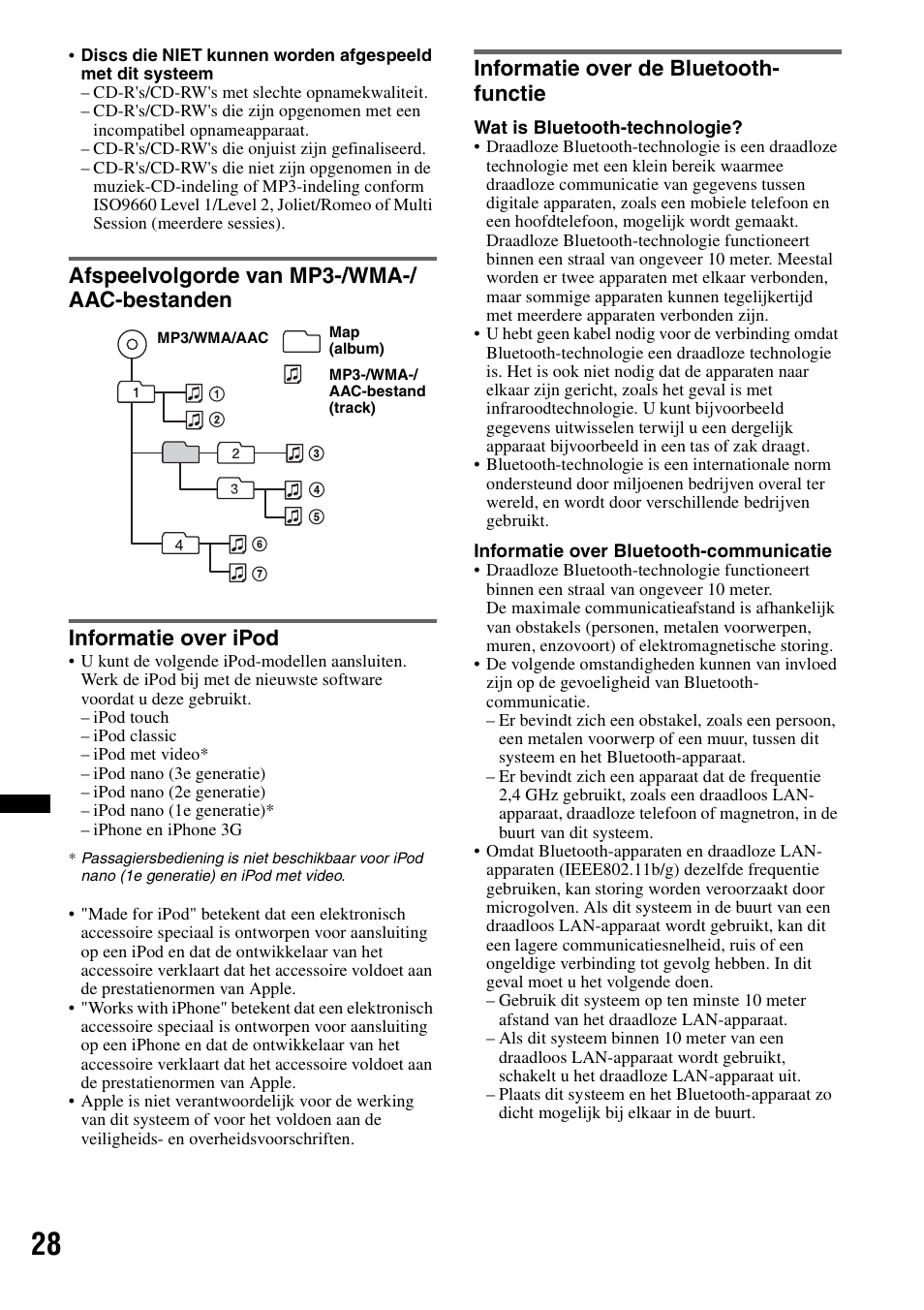 Afspeelvolgorde van mp3-/wma-/aac-bestanden, Informatie over ipod, Informatie over de bluetooth-functie | Informatie over de bluetooth- functie | Sony MEX-BT4700U User Manual | Page 162 / 172