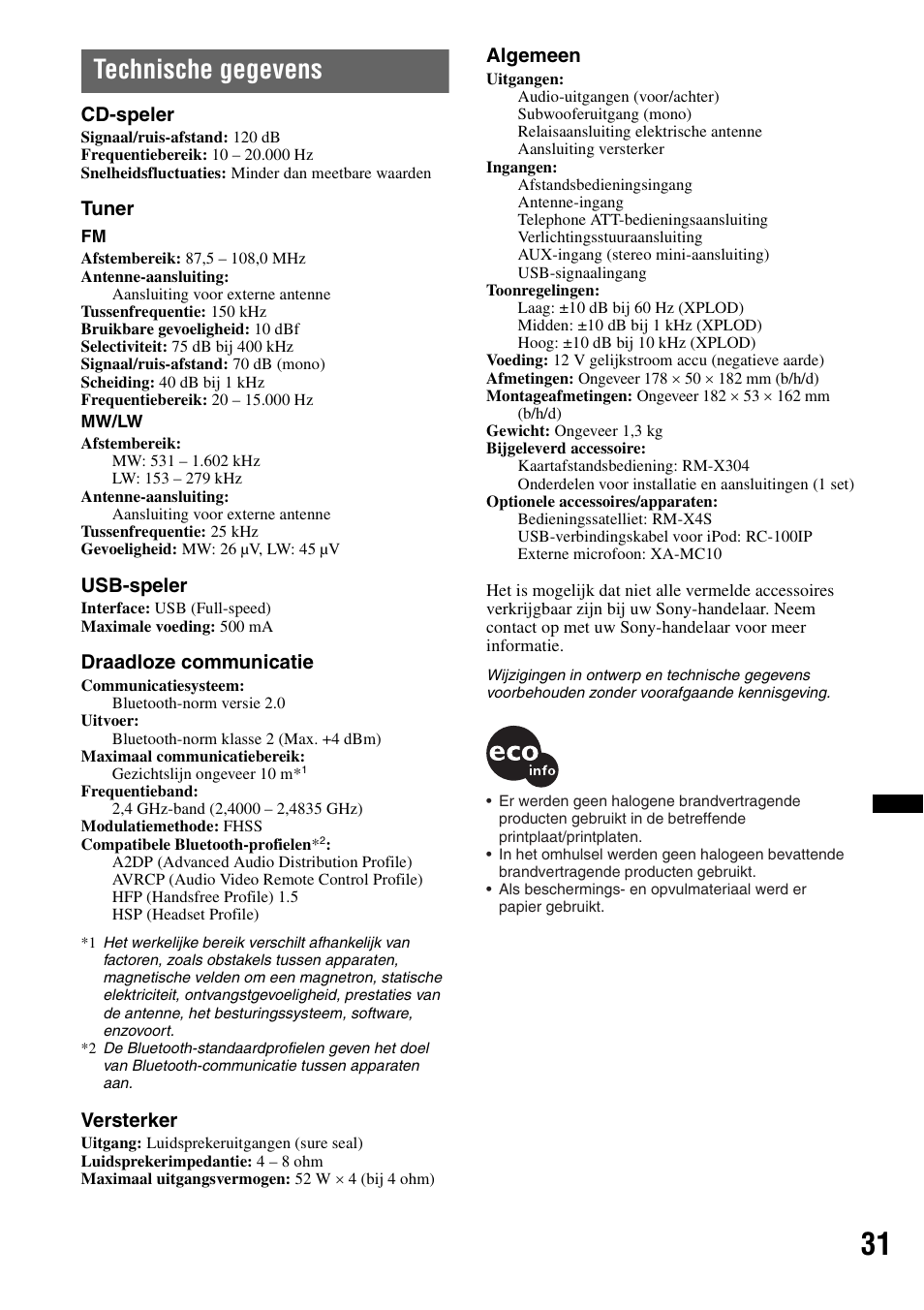 Technische gegevens | Sony MEX-BT4700U User Manual | Page 165 / 172