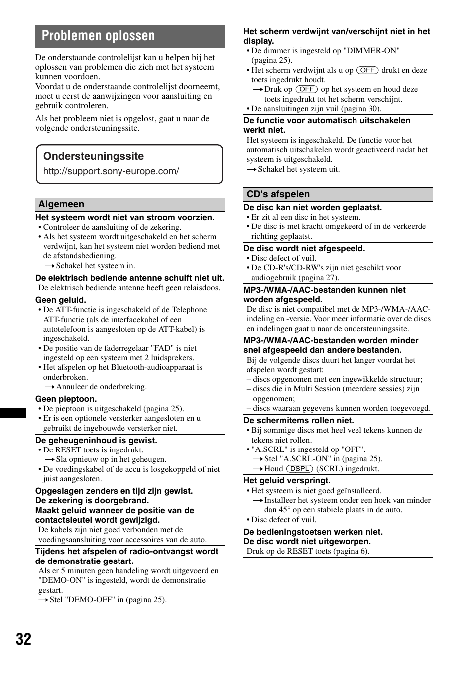 Problemen oplossen, Ondersteuningssite | Sony MEX-BT4700U User Manual | Page 166 / 172