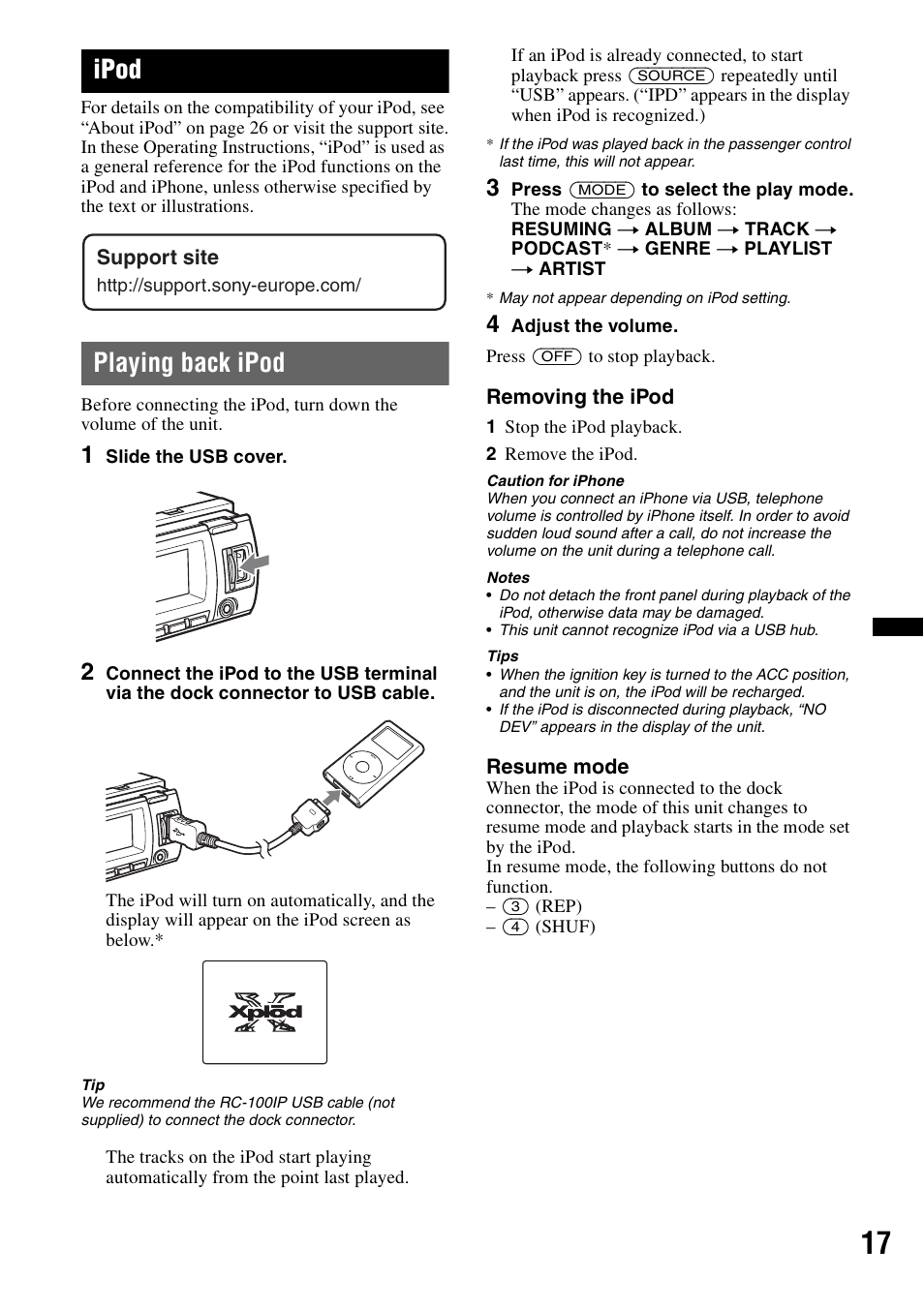 Ipod, Playing back ipod, Removing the ipod | Resume mode, Support site | Sony MEX-BT4700U User Manual | Page 17 / 172