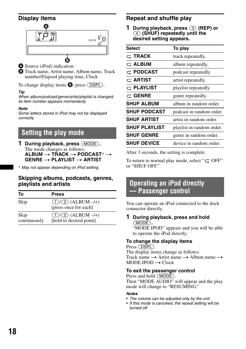 Display items, Setting the play mode, Repeat and shuffle play | Operating an ipod directly - passenger control, Operating an ipod directly — passenger control | Sony MEX-BT4700U User Manual | Page 18 / 172