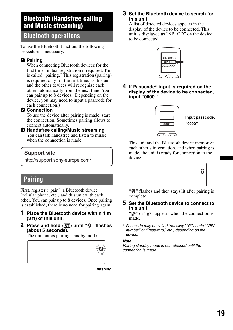 Bluetooth (handsfree calling and music streaming), Bluetooth operations, Pairing | Bluetooth operations pairing | Sony MEX-BT4700U User Manual | Page 19 / 172