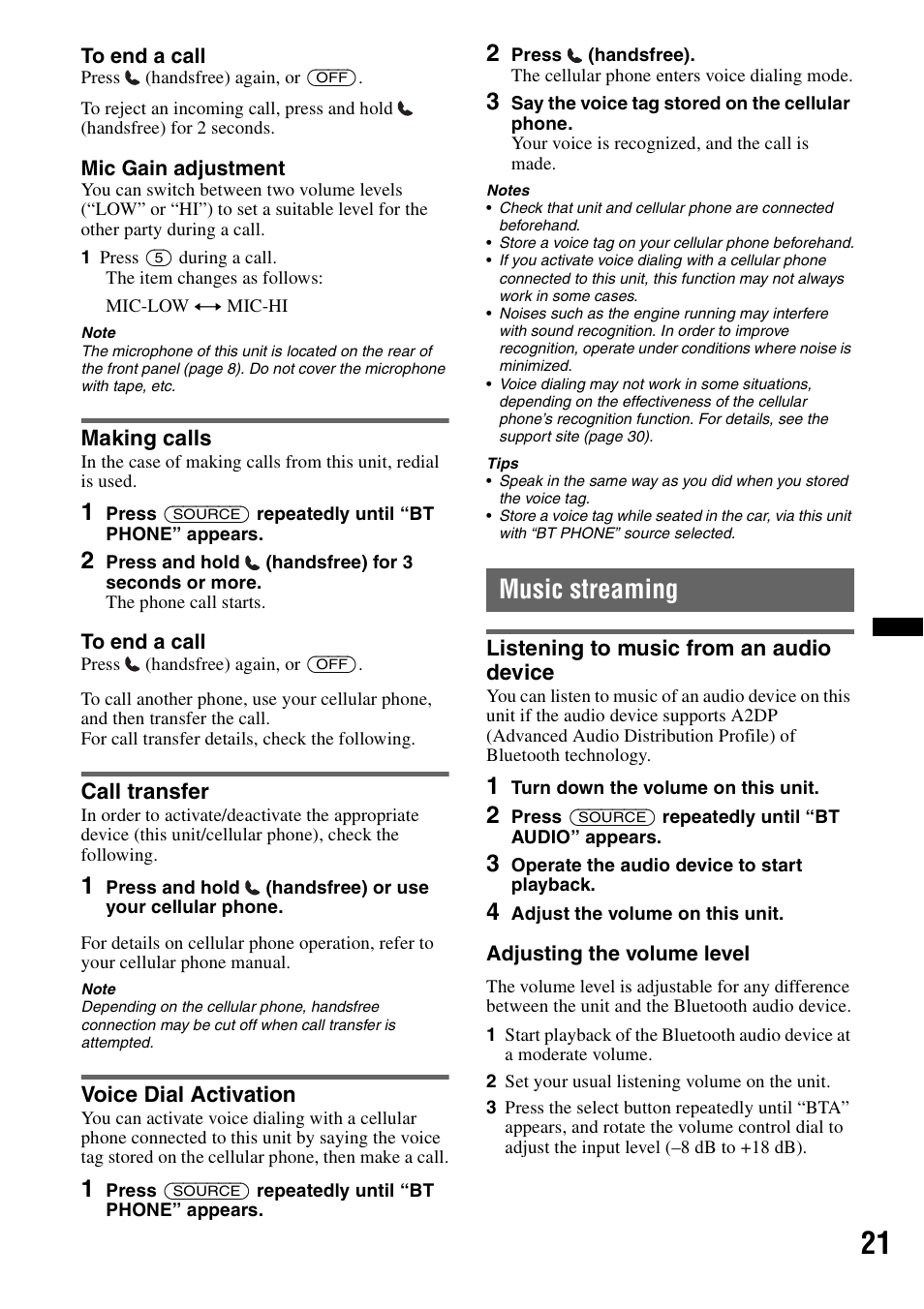 Making calls, Call transfer, Voice dial activation | Music streaming, Listening to music from an audio device, Making calls call transfer voice dial activation | Sony MEX-BT4700U User Manual | Page 21 / 172