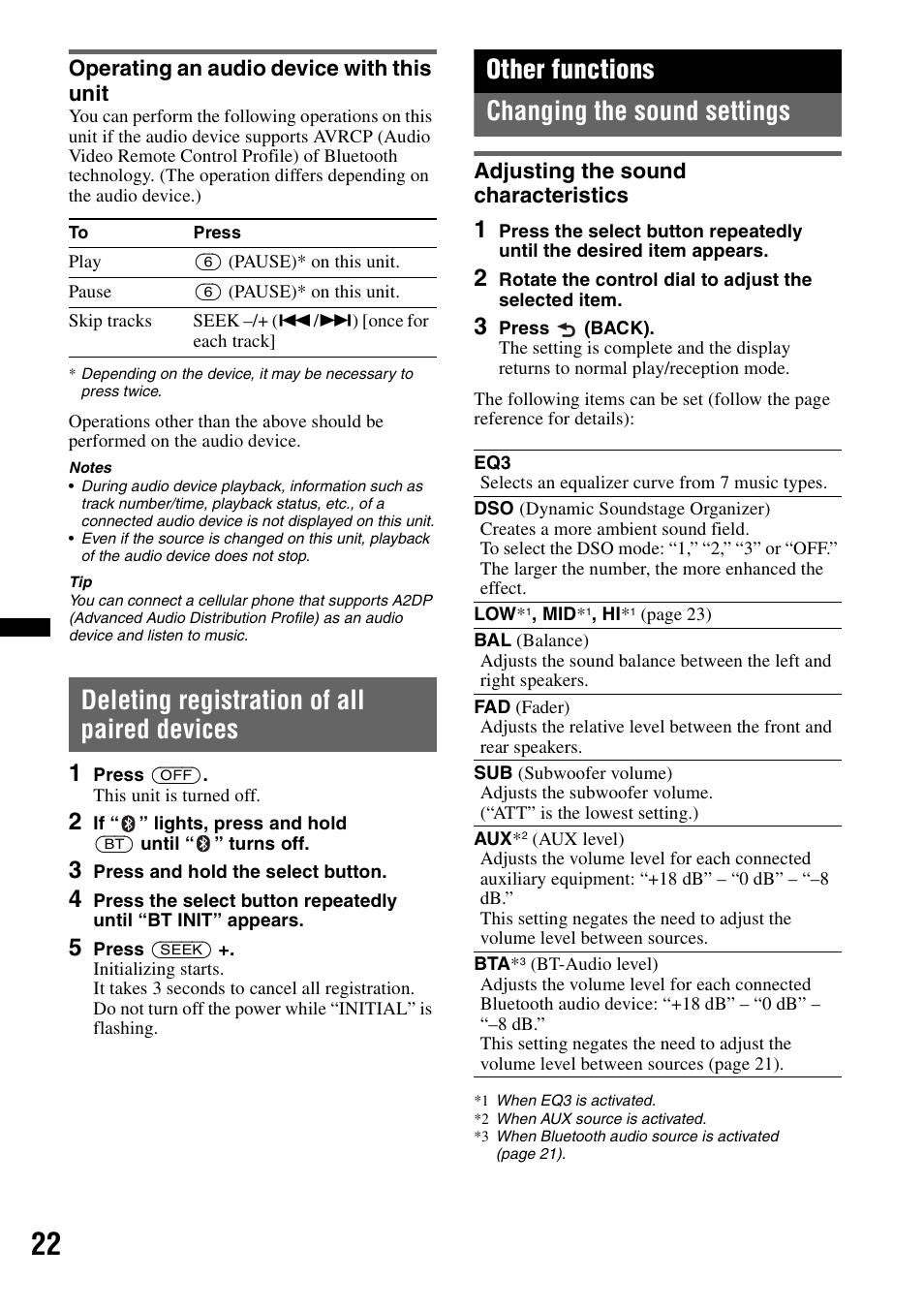 Operating an audio device with this unit, Deleting registration of all paired devices, Other functions | Changing the sound settings, Adjusting the sound characteristics, Other functions changing the sound settings | Sony MEX-BT4700U User Manual | Page 22 / 172