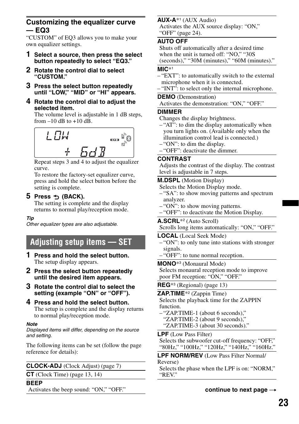 Customizing the equalizer curve - eq3, Adjusting setup items - set, Customizing the equalizer curve — eq3 | Adjusting setup items — set | Sony MEX-BT4700U User Manual | Page 23 / 172