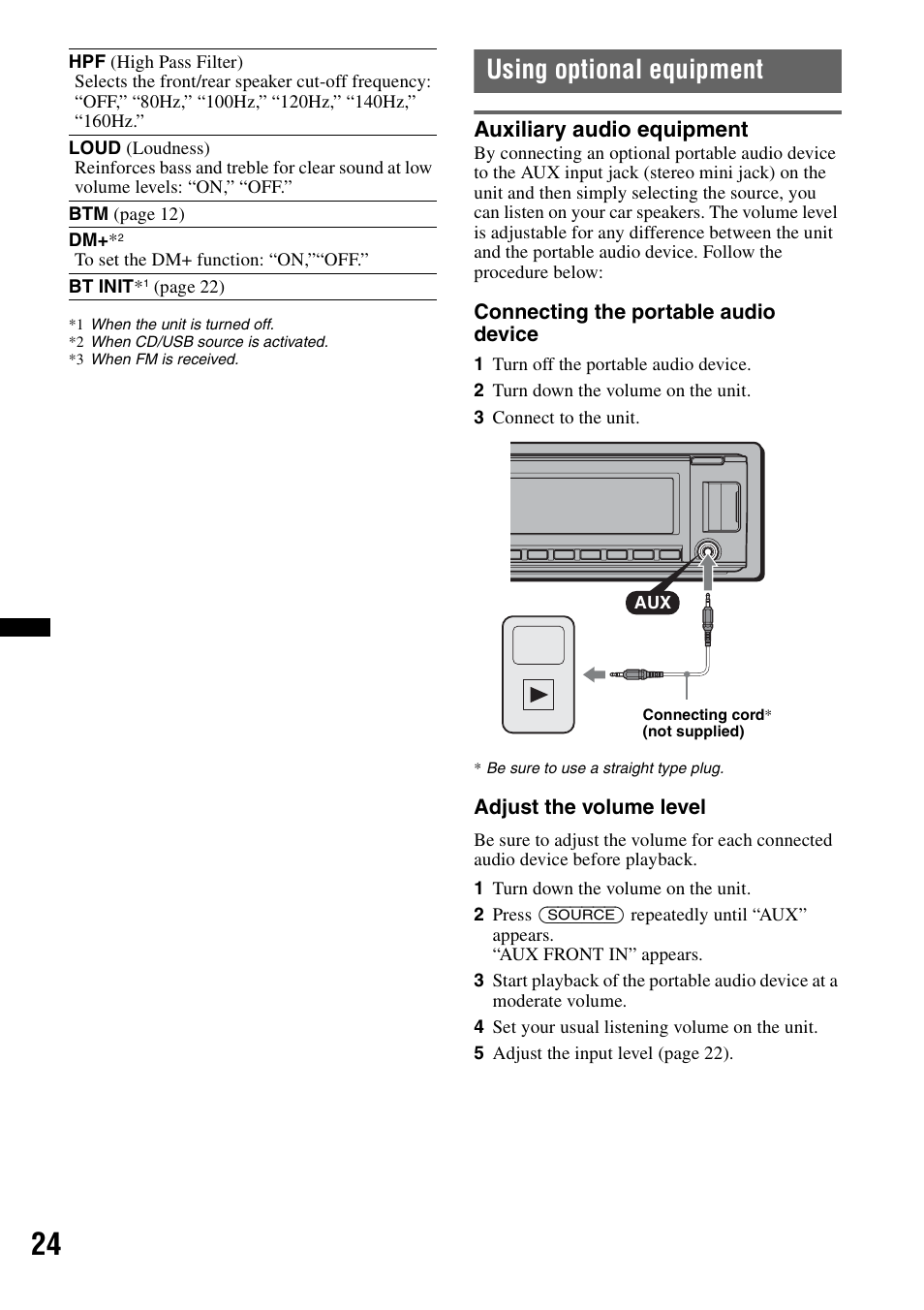 Using optional equipment, Auxiliary audio equipment | Sony MEX-BT4700U User Manual | Page 24 / 172