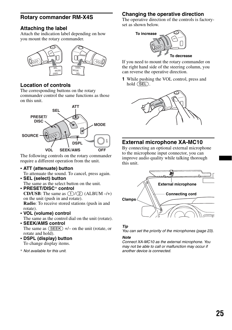 Rotary commander rm-x4s, External microphone xa-mc10, Attaching the label | Location of controls, Changing the operative direction | Sony MEX-BT4700U User Manual | Page 25 / 172