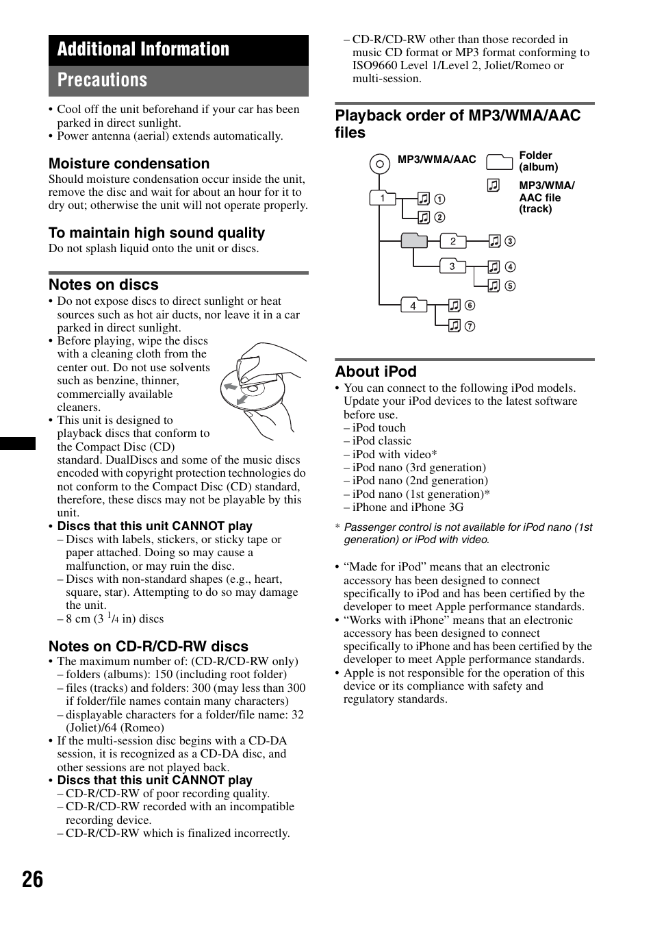 Additional information, Precautions, Notes on discs | Playback order of mp3/wma/aac files, About ipod, Additional information precautions, Playback order of mp3/wma/aac files about ipod | Sony MEX-BT4700U User Manual | Page 26 / 172