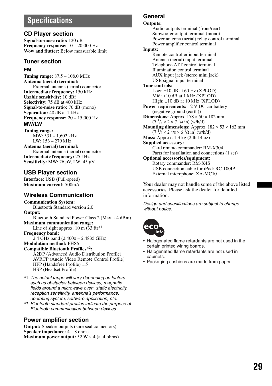 Specifications, Wireless communication, General | Sony MEX-BT4700U User Manual | Page 29 / 172