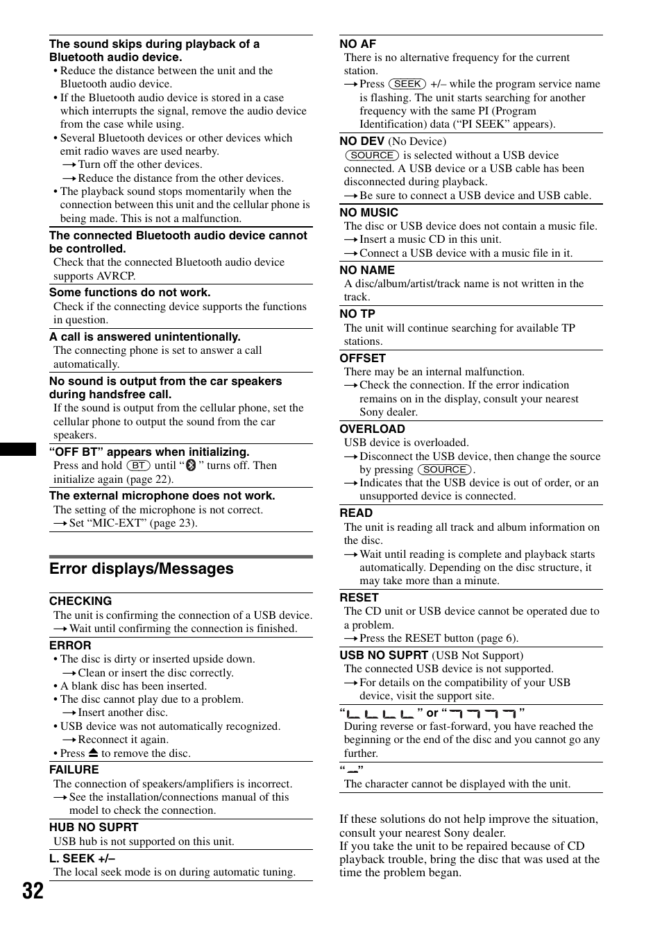 Error displays/messages | Sony MEX-BT4700U User Manual | Page 32 / 172