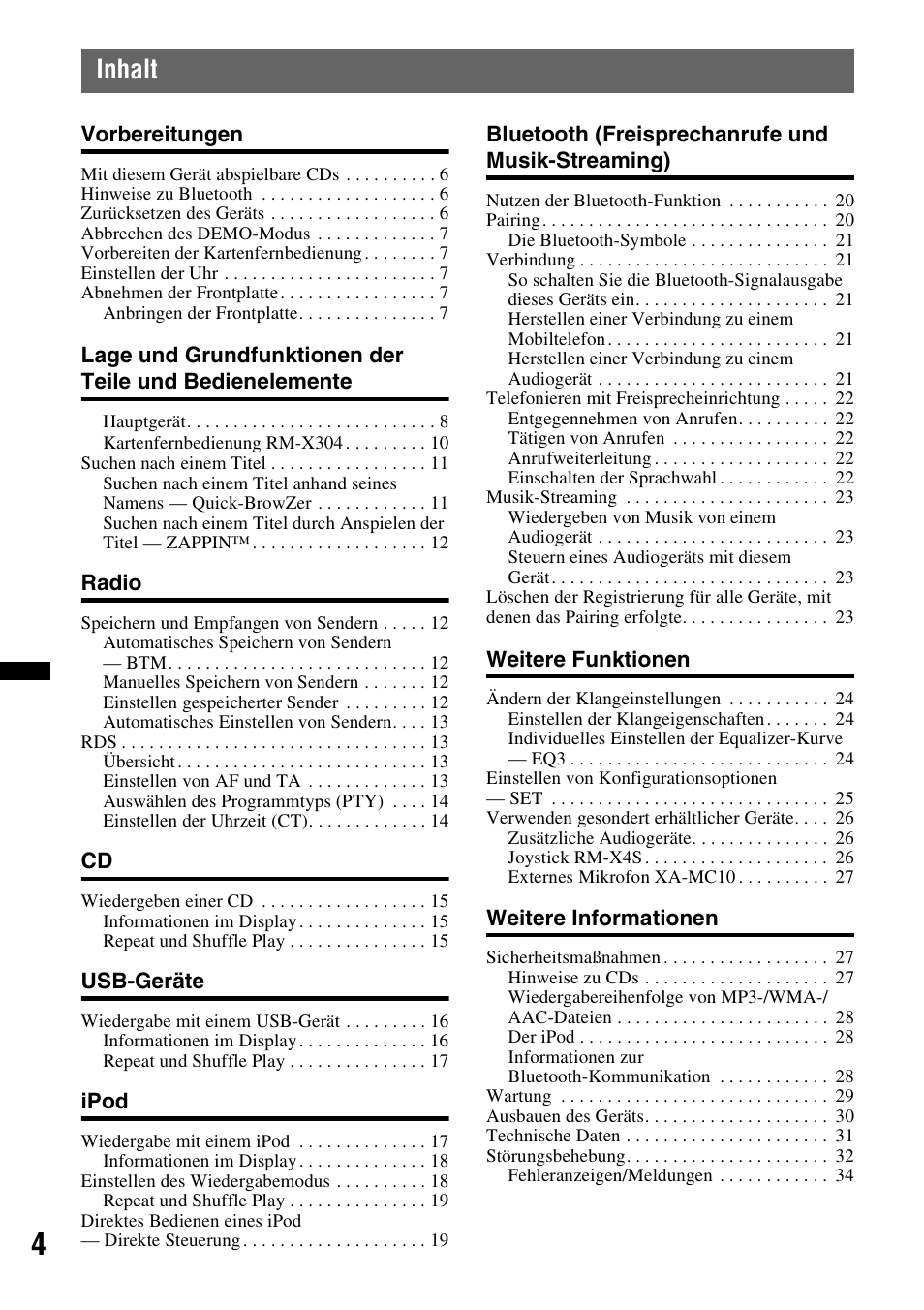 Inhalt | Sony MEX-BT4700U User Manual | Page 36 / 172