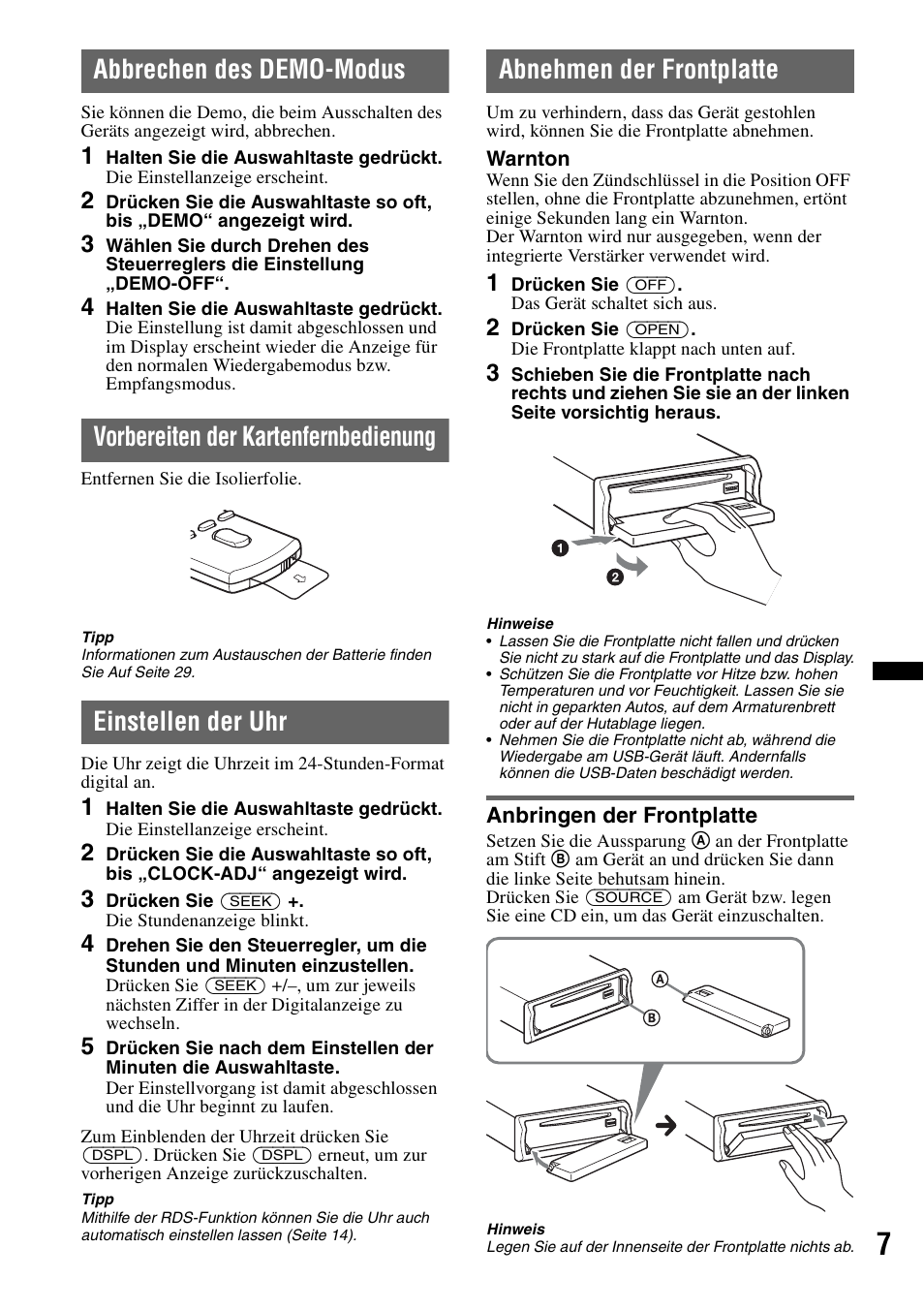 Abbrechen des demo-modus, Vorbereiten der kartenfernbedienung, Einstellen der uhr | Abnehmen der frontplatte, Anbringen der frontplatte, Seite 7 nach | Sony MEX-BT4700U User Manual | Page 39 / 172