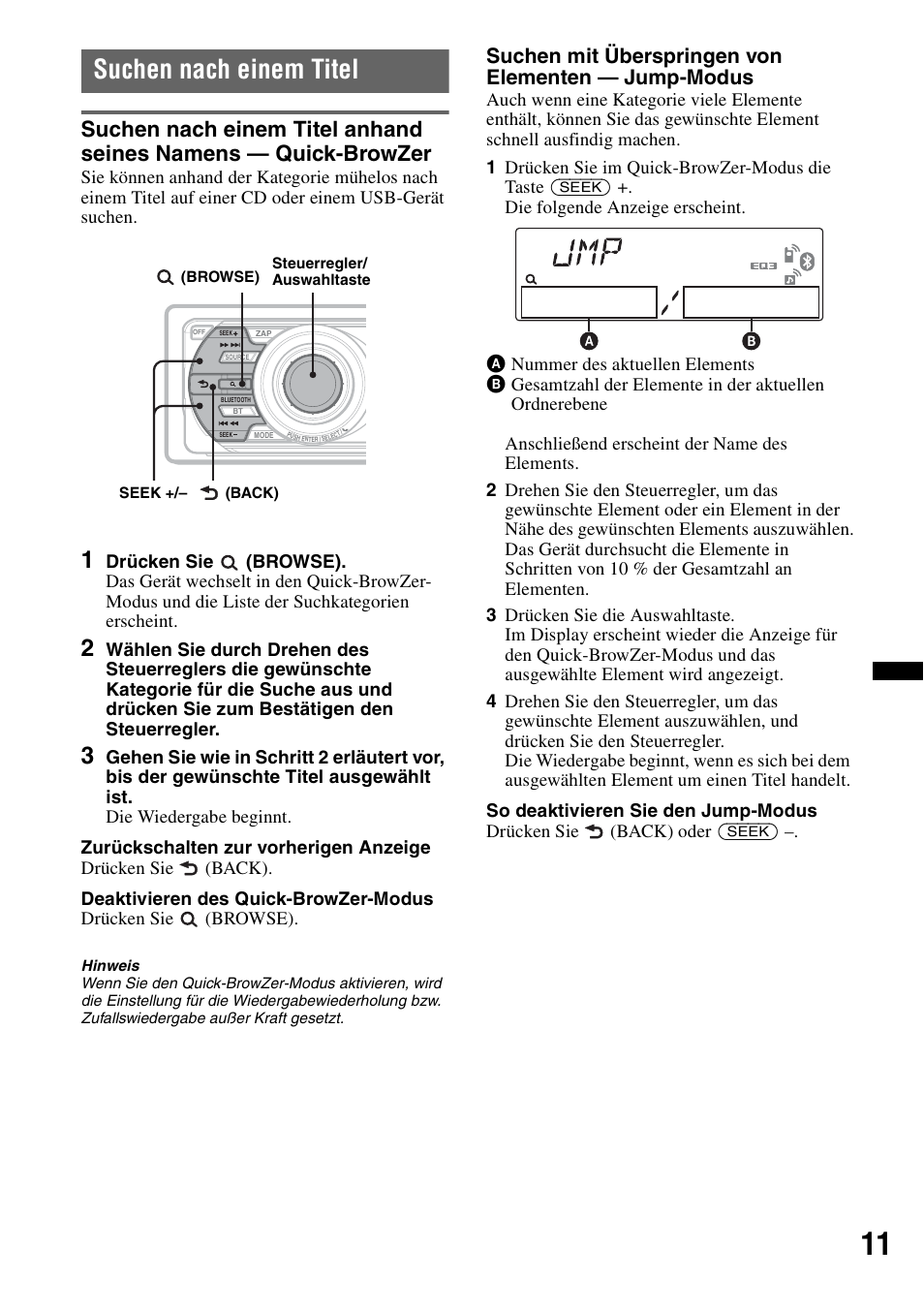 Suchen nach einem titel, Seite 11, Suchen mit überspringen von elementen — jump-modus | Sony MEX-BT4700U User Manual | Page 43 / 172