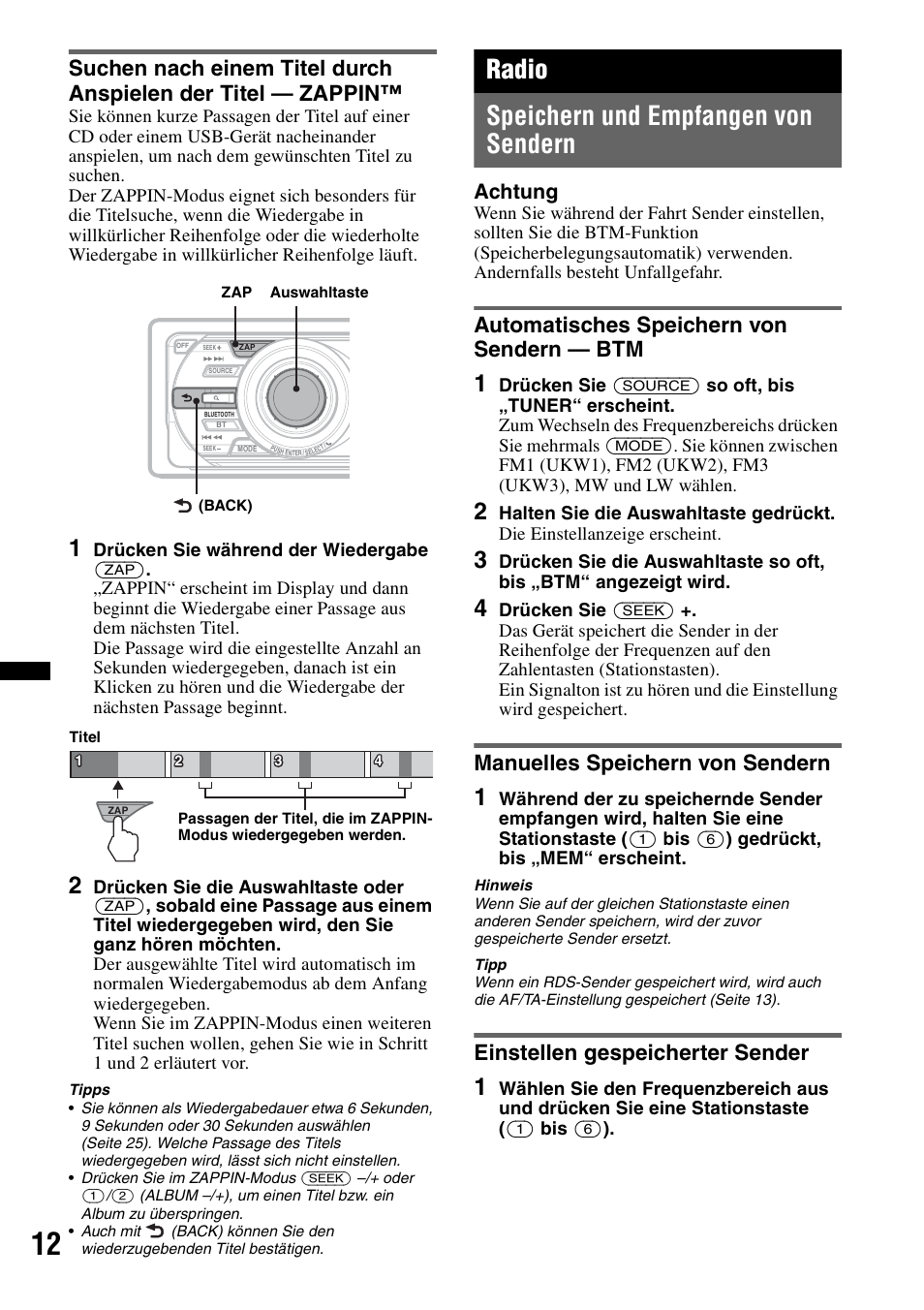 Radio, Speichern und empfangen von sendern, Automatisches speichern von sendern - btm | Manuelles speichern von sendern, Einstellen gespeicherter sender, Seite 12, Radio speichern und empfangen von sendern, Automatisches speichern von sendern — btm, Achtung | Sony MEX-BT4700U User Manual | Page 44 / 172