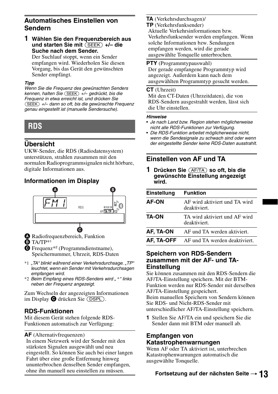 Automatisches einstellen von sendern, Übersicht, Einstellen von af und ta | Übersicht einstellen von af und ta, Seite 13 | Sony MEX-BT4700U User Manual | Page 45 / 172