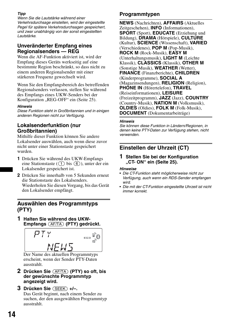 Auswählen des programmtyps (pty), Einstellen der uhrzeit (ct) | Sony MEX-BT4700U User Manual | Page 46 / 172