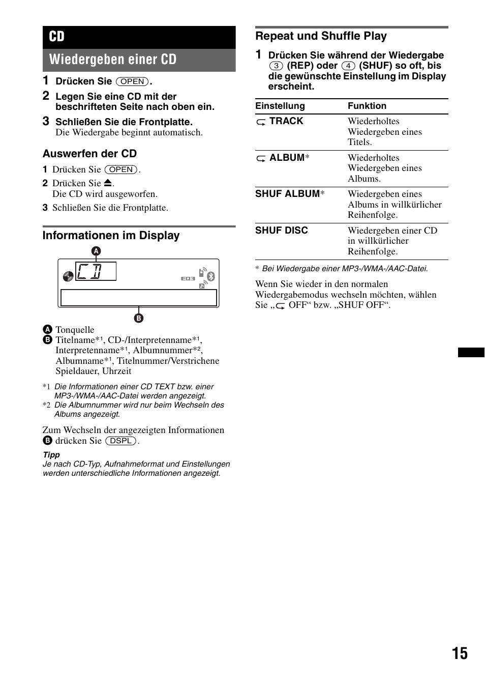 Wiedergeben einer cd, Informationen im display, Repeat und shuffle play | Informationen im display repeat und shuffle play, Ep seite 15, Seite 15, Cd wiedergeben einer cd | Sony MEX-BT4700U User Manual | Page 47 / 172