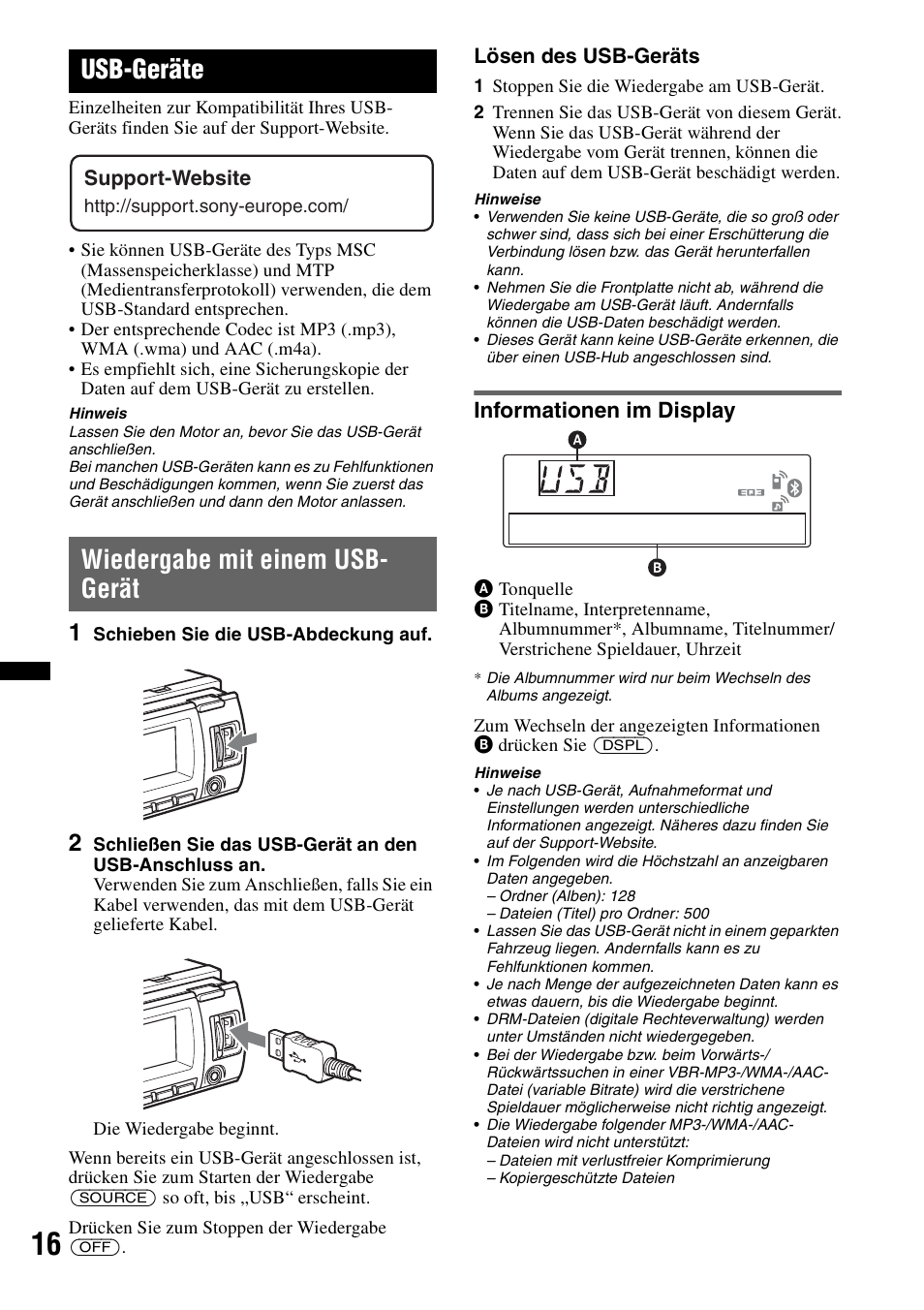 Usb-geräte, Wiedergabe mit einem usb-gerät, Informationen im display | Seite 16, Wiedergabe mit einem usb- gerät | Sony MEX-BT4700U User Manual | Page 48 / 172