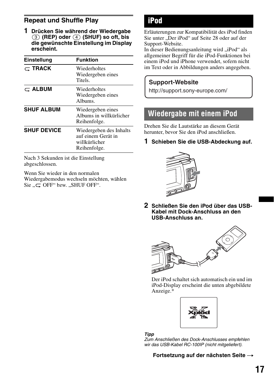 Repeat und shuffle play, Ipod, Wiedergabe mit einem ipod | Sony MEX-BT4700U User Manual | Page 49 / 172